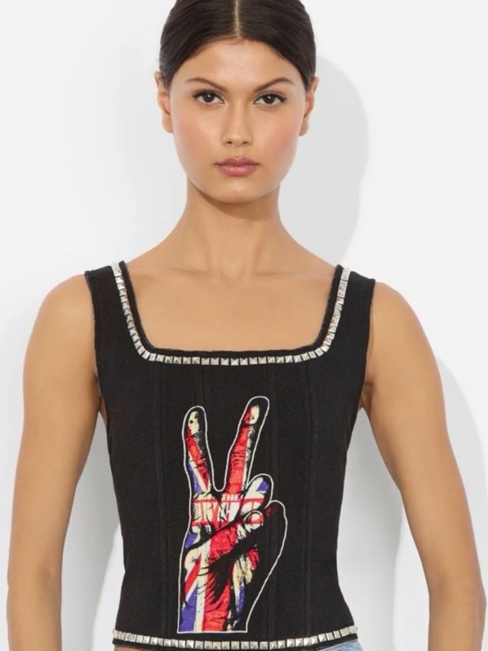 Alice+Olivia Black Beaded Top Breslin Band Tee Corset Multicolor Peace Graphic